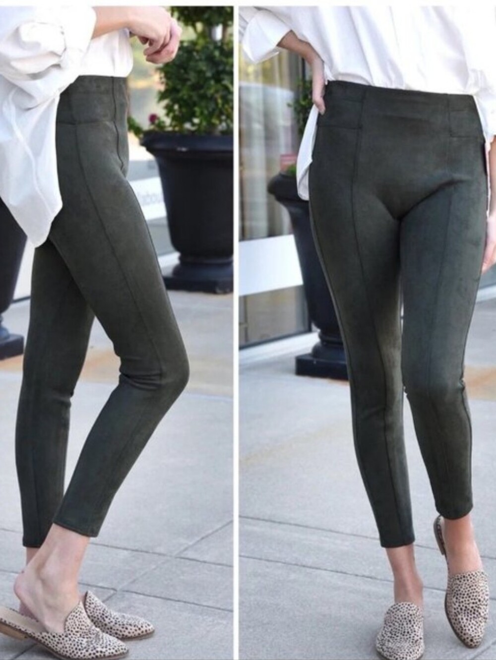 SPANX Olive Faux Suede High-Rise Leggings Women's Large Shaping Effortless